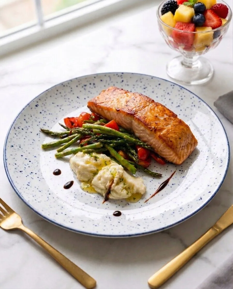Grilled Atlantic salmon fillet with garnish