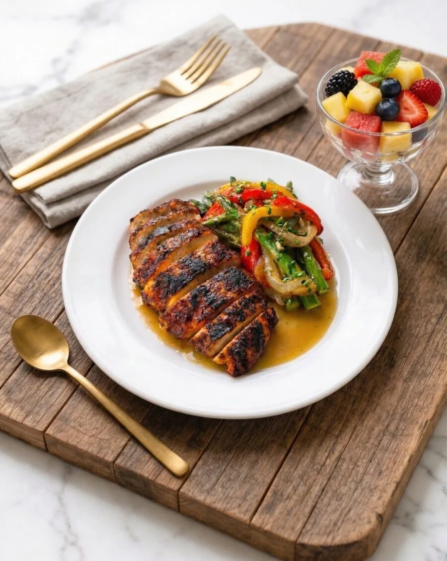 Grilled chicken skewers on a serving platter