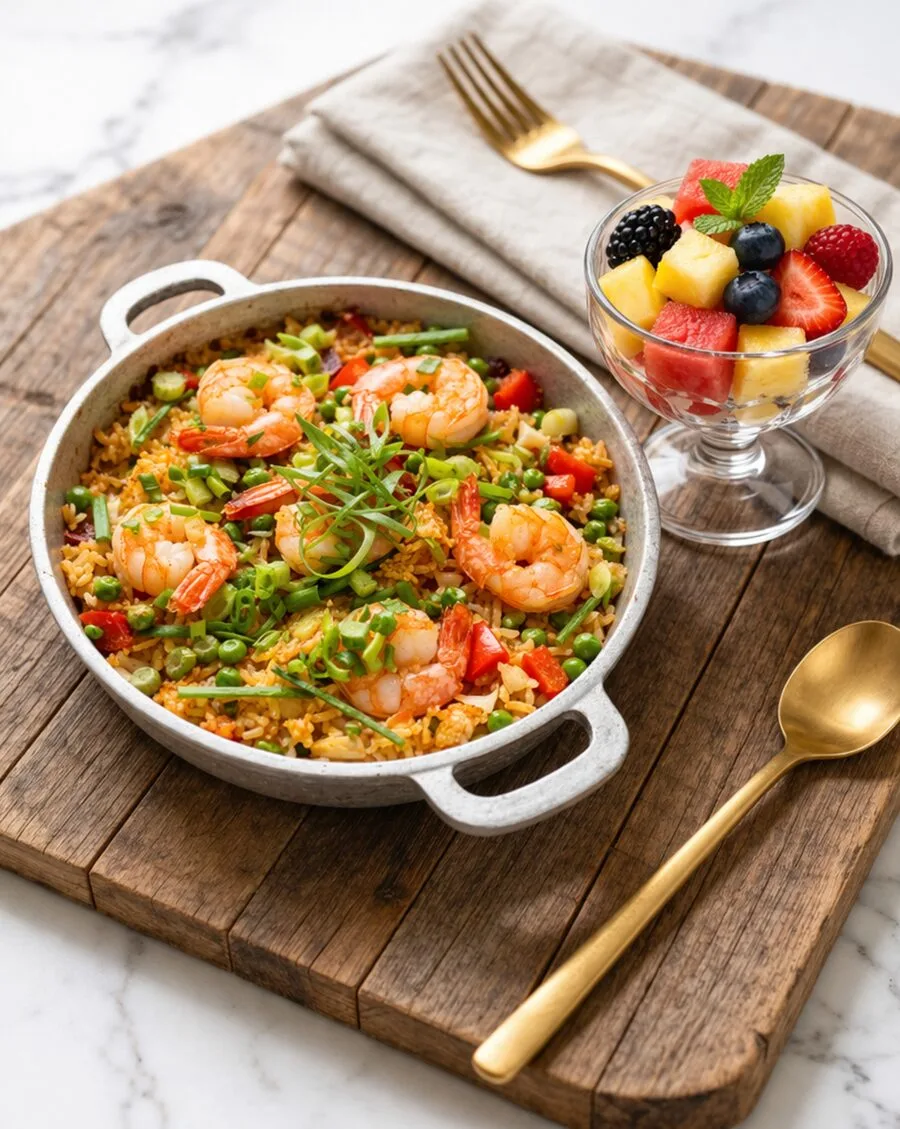Shrimp paella in a large serving pan