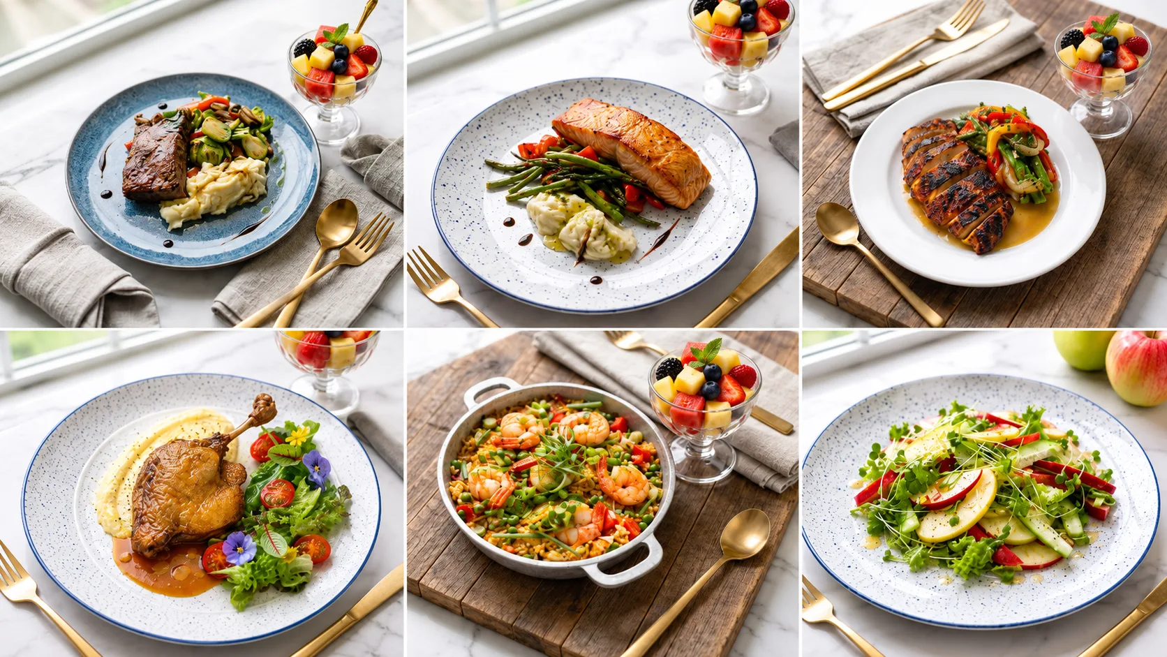 Grid of plated Mai Thai catering dishes: grilled steak, salmon, grilled chicken, duck, shrimp paella, and apple salad, each with a mixed fruit cup